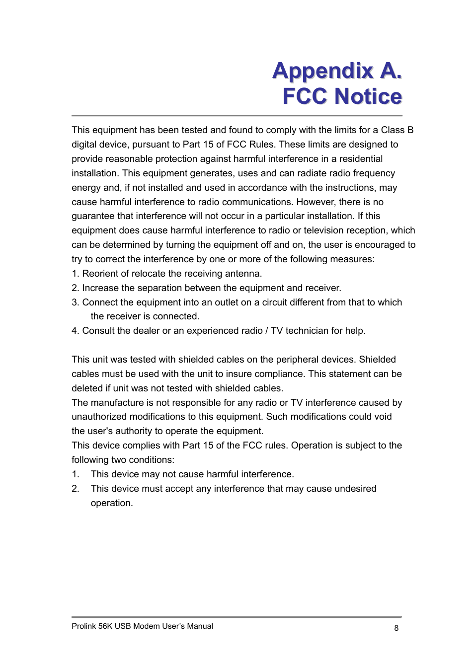 Appendix a. fcc notice | PROLiNK 1456U PROLiNK 56K USB Modem User Manual | Page 9 / 11