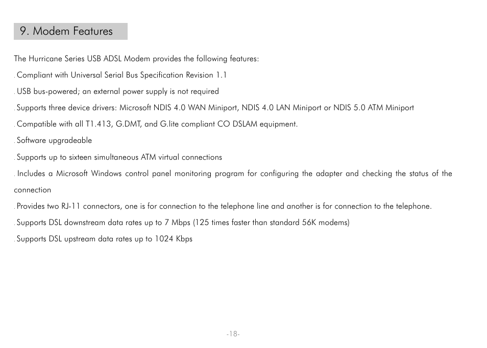 Modem features | PROLiNK Hurricane 7000 User Manual | Page 20 / 21