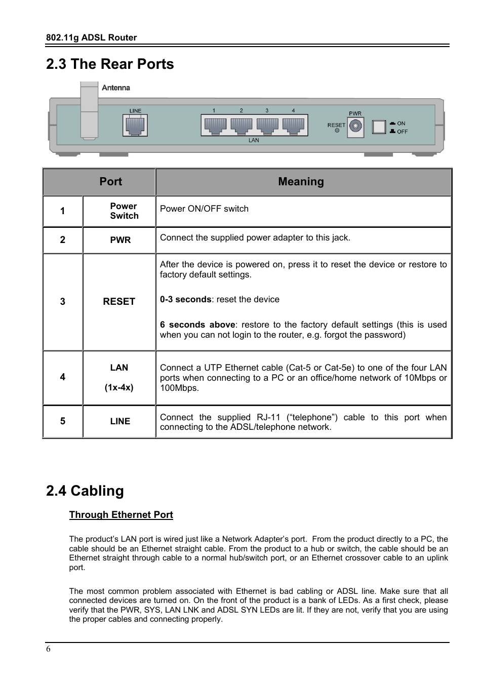 3 the rear ports, 4 cabling, 3 the rear ports 2.4 cabling | Port meaning | PROLiNK Hurricane 9000G User Manual | Page 10 / 62