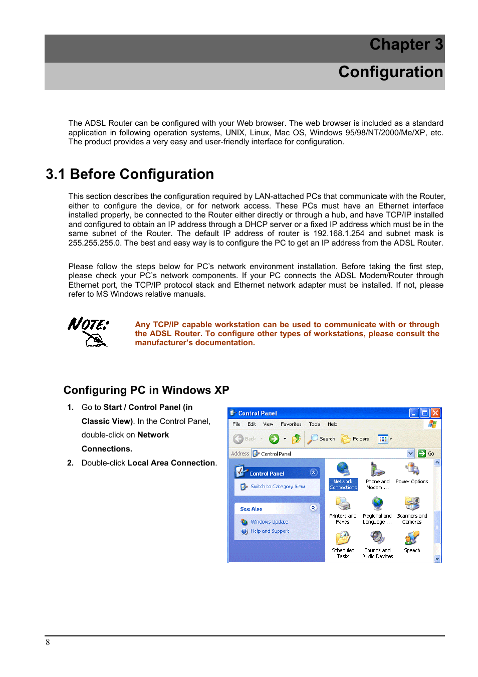 Chapter 3, Configuration, 1 before configuration | Configuring pc in windows xp, Onfiguration, Chapter 3 configuration | PROLiNK Hurricane 9000G User Manual | Page 12 / 62