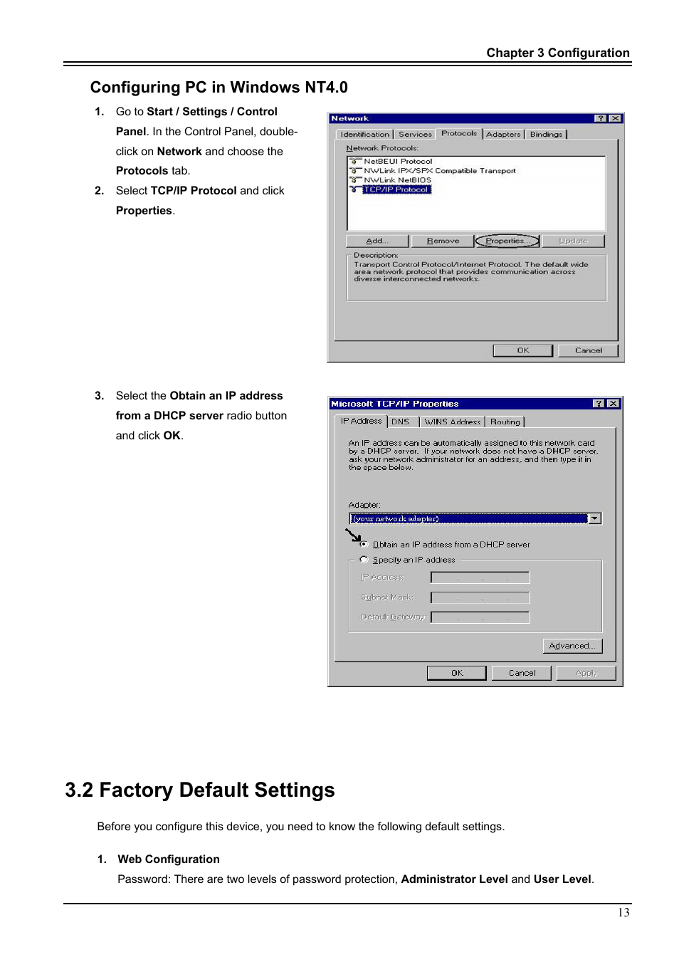 Configuring pc in windows nt4.0, 2 factory default settings | PROLiNK Hurricane 9000G User Manual | Page 17 / 62