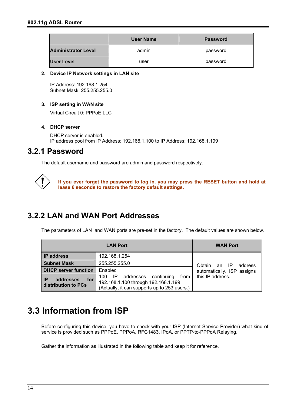 1 password, 2 lan and wan port addresses, 3 information from isp | 1 password 3.2.2 lan and wan port addresses | PROLiNK Hurricane 9000G User Manual | Page 18 / 62
