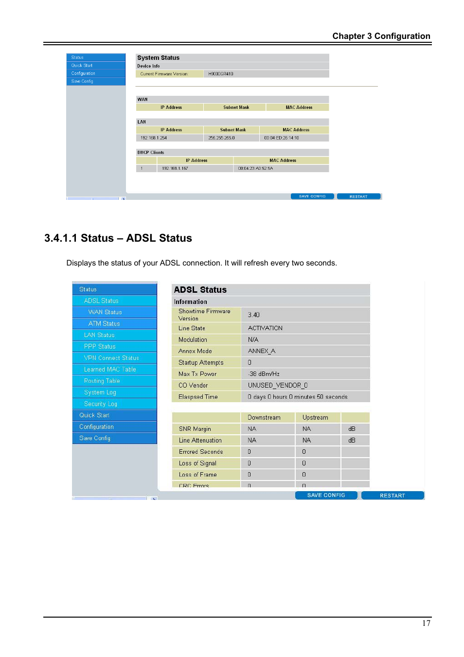 1 status – adsl status | PROLiNK Hurricane 9000G User Manual | Page 21 / 62