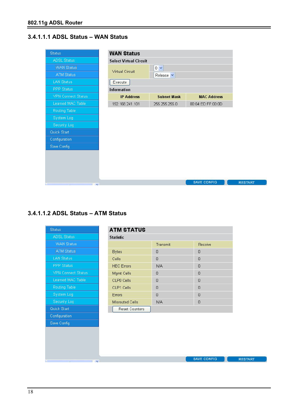 1 adsl status – wan status, 2 adsl status – atm status | PROLiNK Hurricane 9000G User Manual | Page 22 / 62