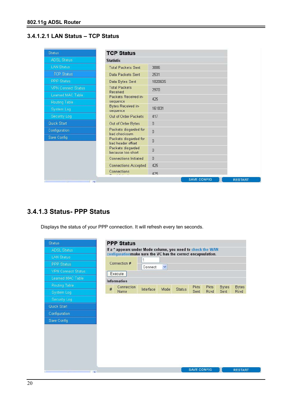 1 lan status – tcp status, 3 status- ppp status | PROLiNK Hurricane 9000G User Manual | Page 24 / 62