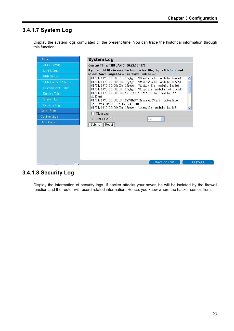 7 system log, 8 security log, 8 security logs | PROLiNK Hurricane 9000G User Manual | Page 27 / 62