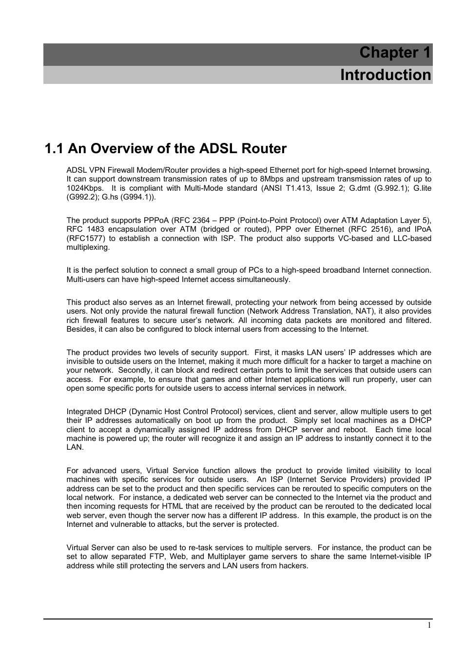 Chapter 1, Introduction, 1 an overview of the adsl router | Ntroduction, Chapter 1 introduction | PROLiNK Hurricane 9000G User Manual | Page 5 / 62