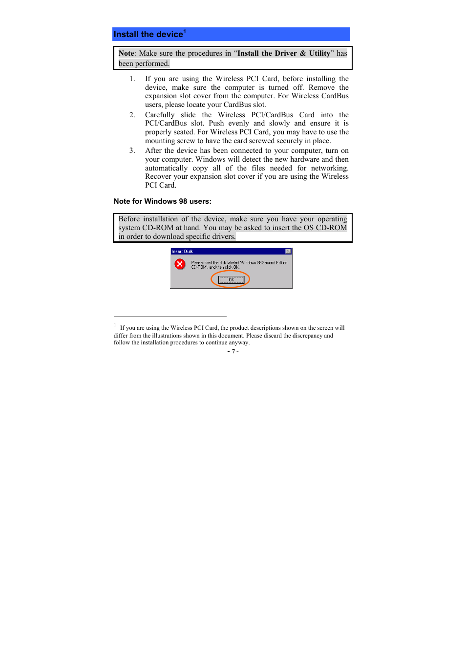 Install the device, Note for windows 98 users, Nstall the device | PROLiNK WG3000 Wireless LAN Card 802.11g User Manual | Page 11 / 36