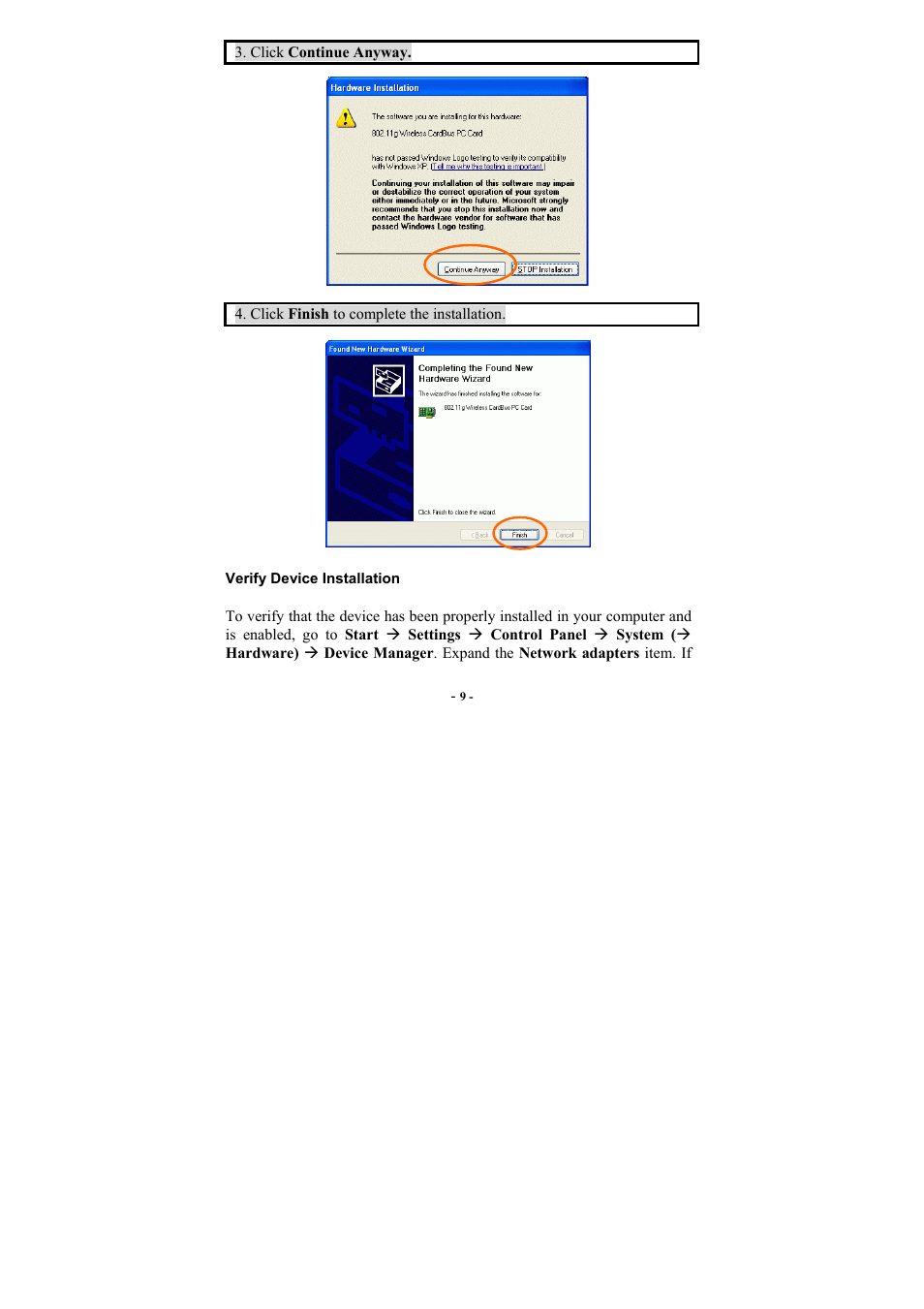 Verify device installation | PROLiNK WG3000 Wireless LAN Card 802.11g User Manual | Page 13 / 36