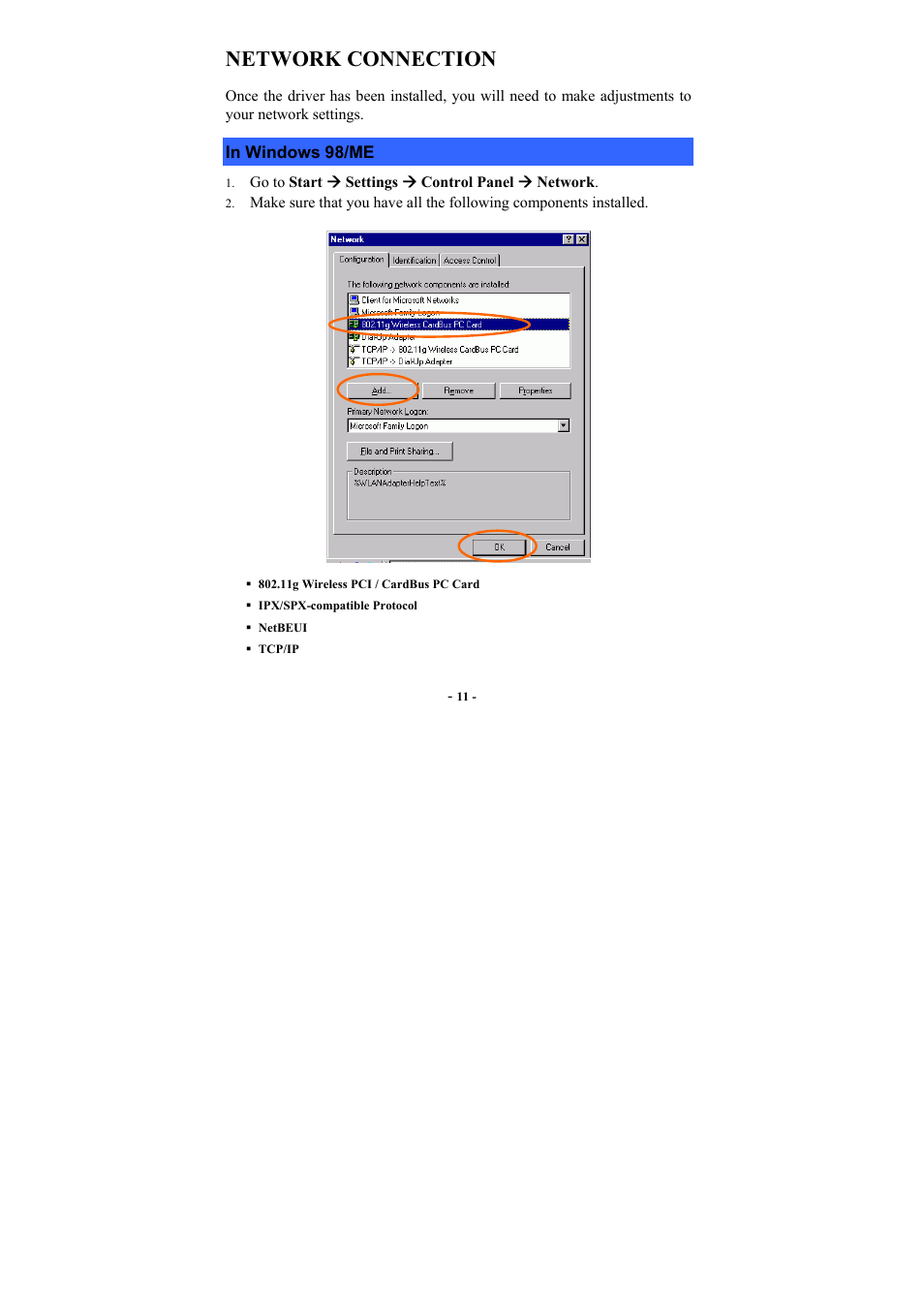 Network connection, In windows 98/me, Indows | 98/me | PROLiNK WG3000 Wireless LAN Card 802.11g User Manual | Page 15 / 36