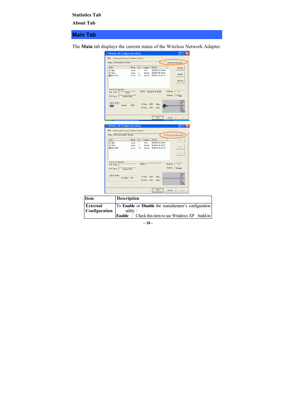 Main tab | PROLiNK WG3000 Wireless LAN Card 802.11g User Manual | Page 22 / 36