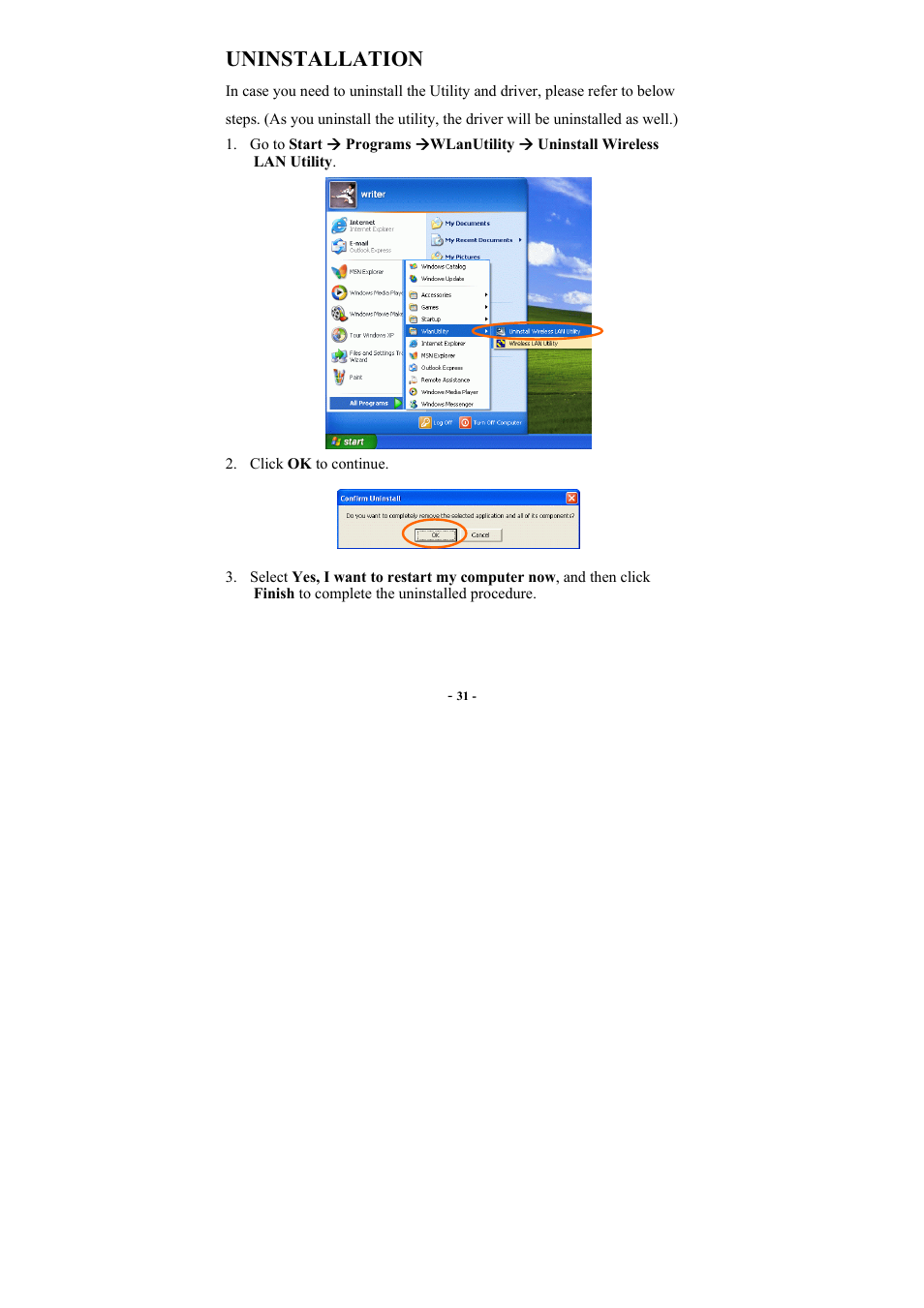 Uninstallation | PROLiNK WG3000 Wireless LAN Card 802.11g User Manual | Page 35 / 36