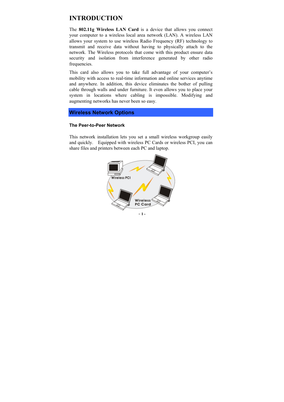 Introduction, Wireless network options, The peer-to-peer network | Ireless, Etwork, Ptions | PROLiNK WG3000 Wireless LAN Card 802.11g User Manual | Page 5 / 36