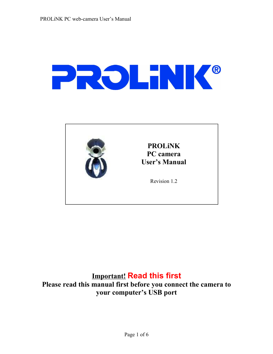 PROLiNK PCC900 PROLiNK PC camera User Manual | 6 pages
