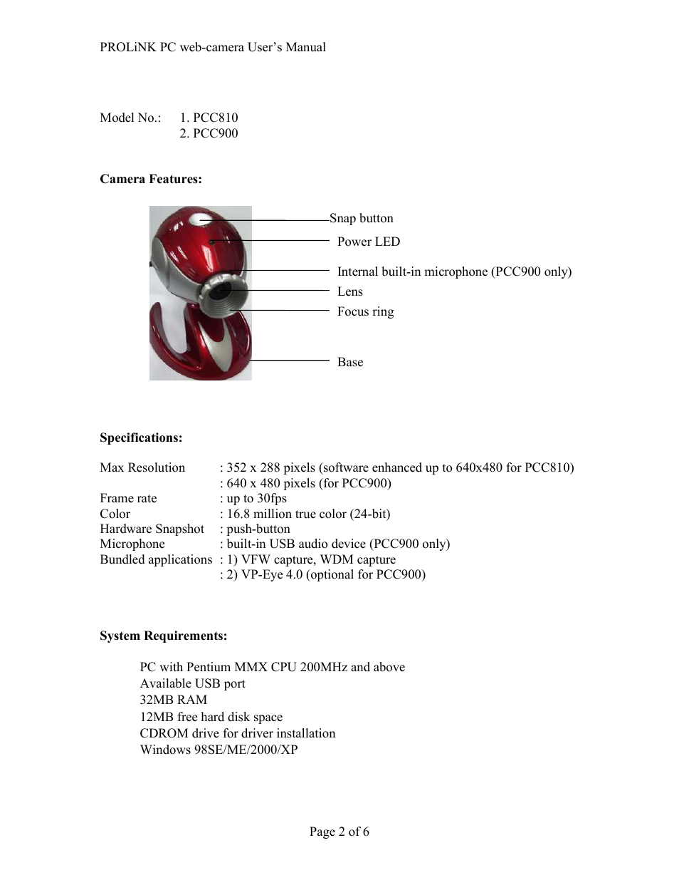 PROLiNK PCC900 PROLiNK PC camera User Manual | Page 2 / 6