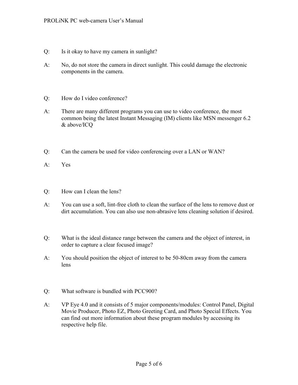 PROLiNK PCC900 PROLiNK PC camera User Manual | Page 5 / 6