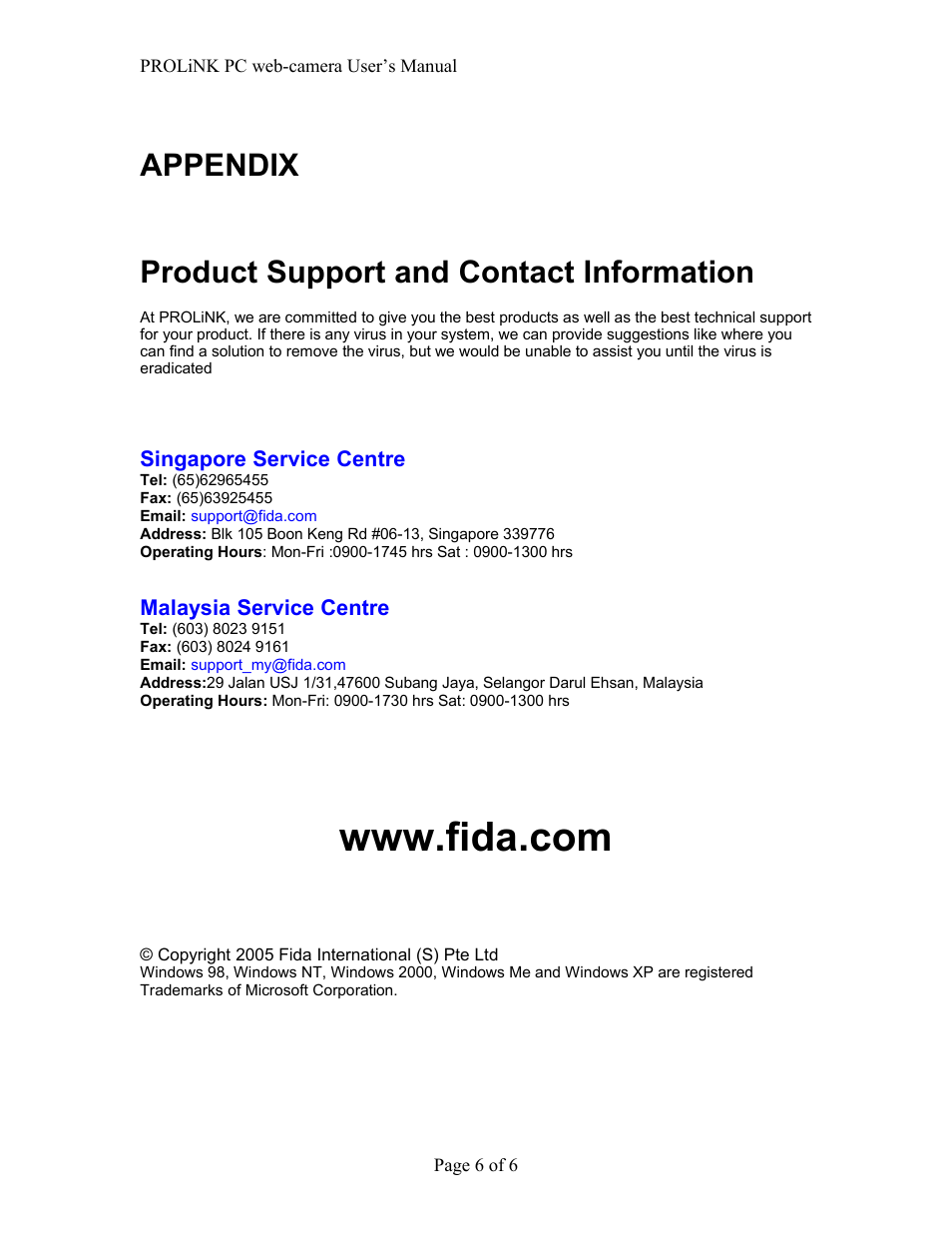 Appendix product support and contact information | PROLiNK PCC900 PROLiNK PC camera User Manual | Page 6 / 6