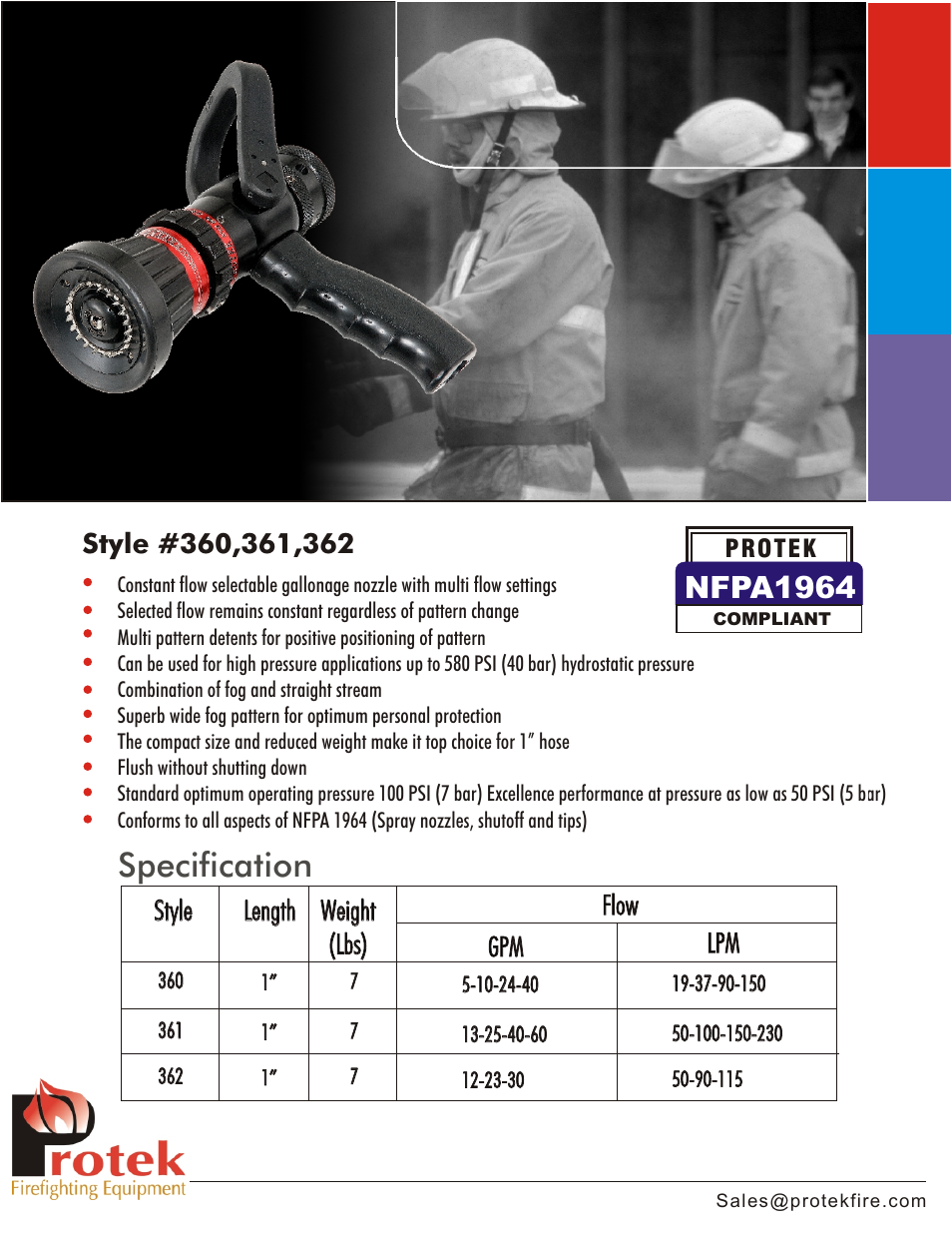 Specification, Nfpa1964, Style | Length, Weight (lbs) weight (lbs), Flow, Flow gpm gpm lpm lpm | Protek 362 1 Selectable Gallonage User Manual | Page 2 / 2