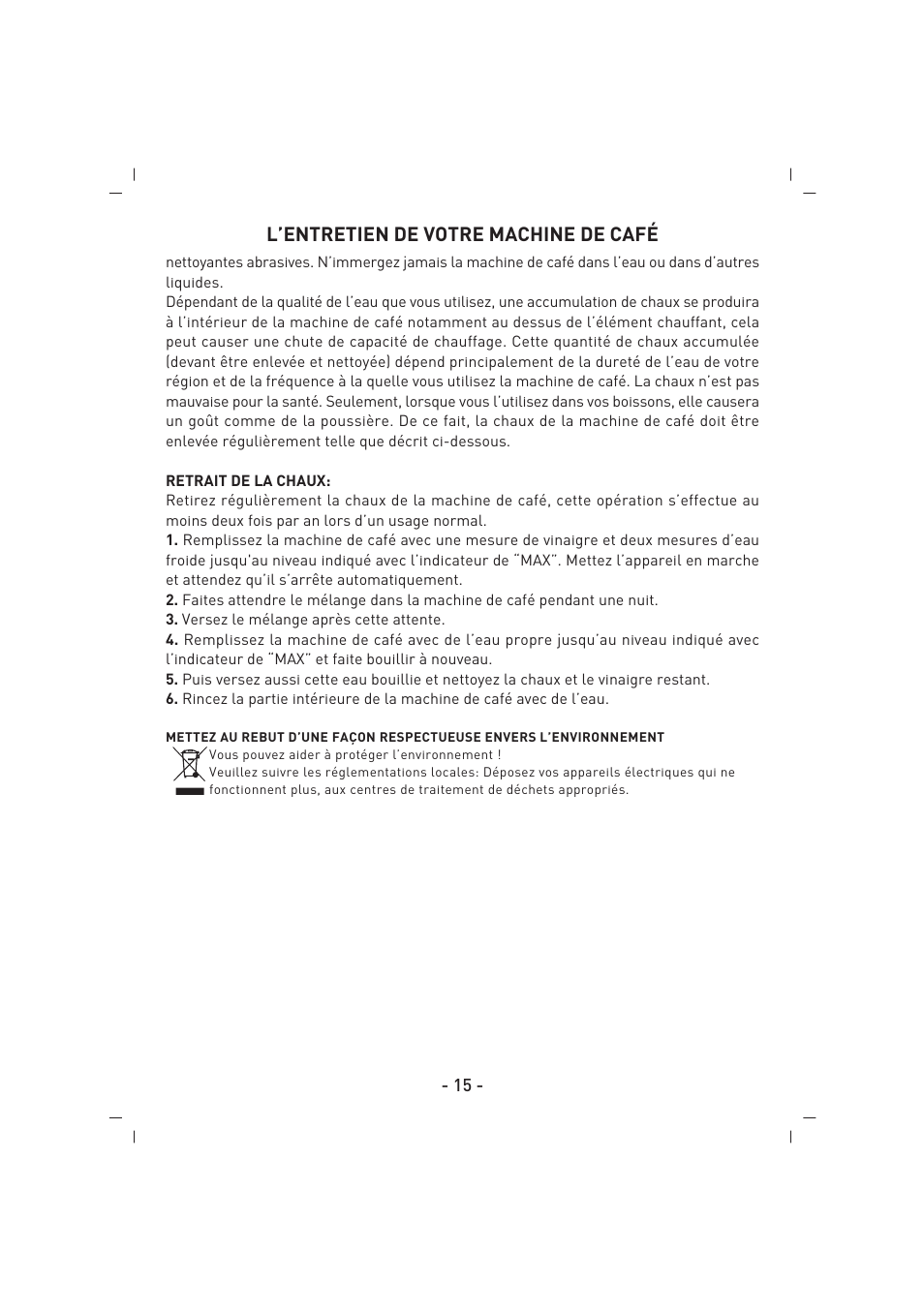 L’entretien de votre machine de café | SINBO SCM 2922 User Manual | Page 16 / 44