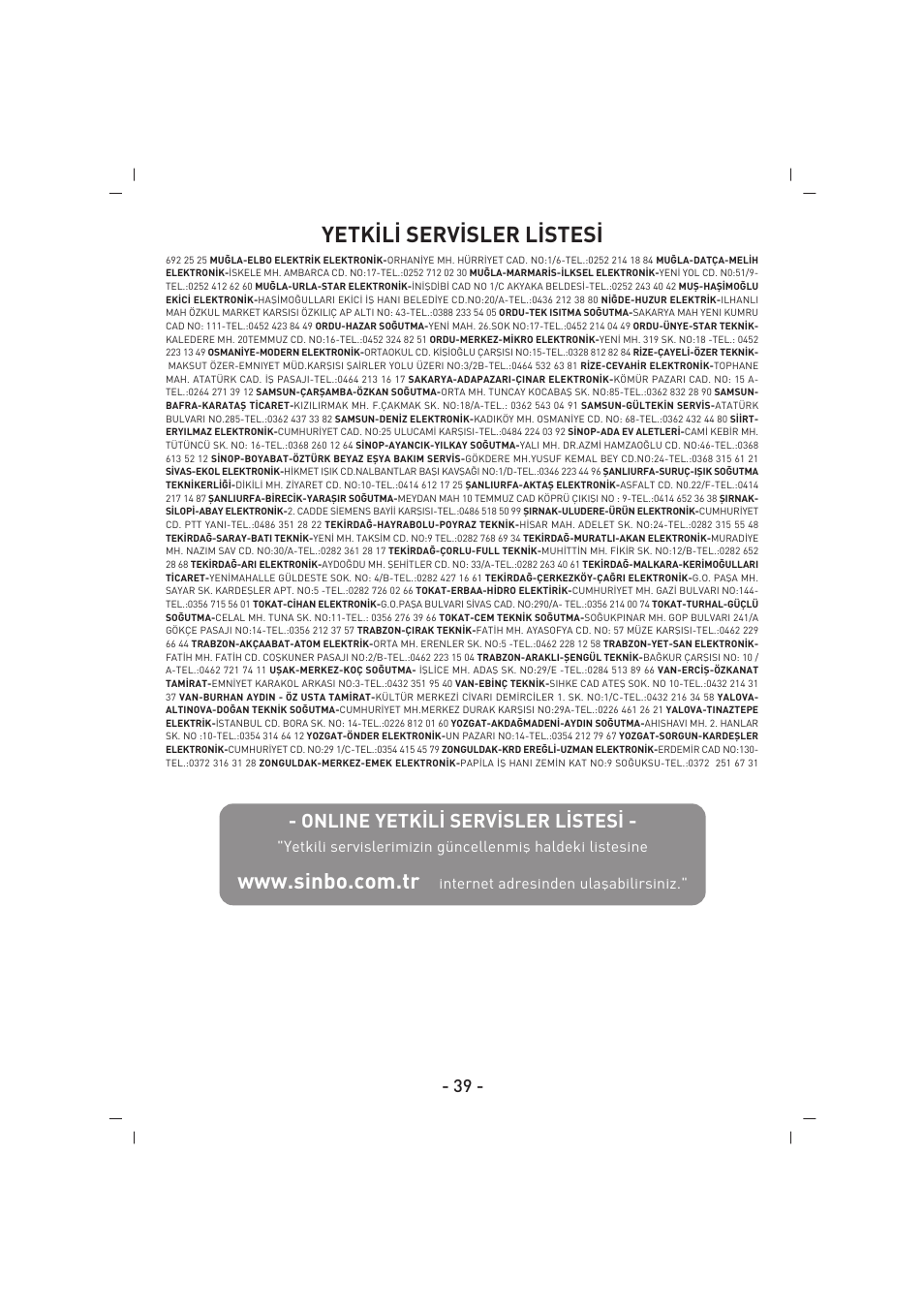 Yetk‹l‹ serv‹sler l‹stes | SINBO SCM 2922 User Manual | Page 40 / 44