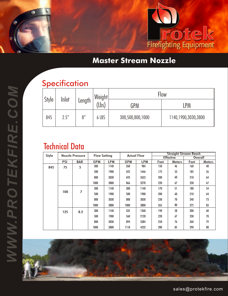 Technical data, Specification, Master stream nozzle | Style, Length, Weight (lbs), Flow gpm lpm, Inlet | Protek 845 Constant Gallonage User Manual | Page 2 / 2