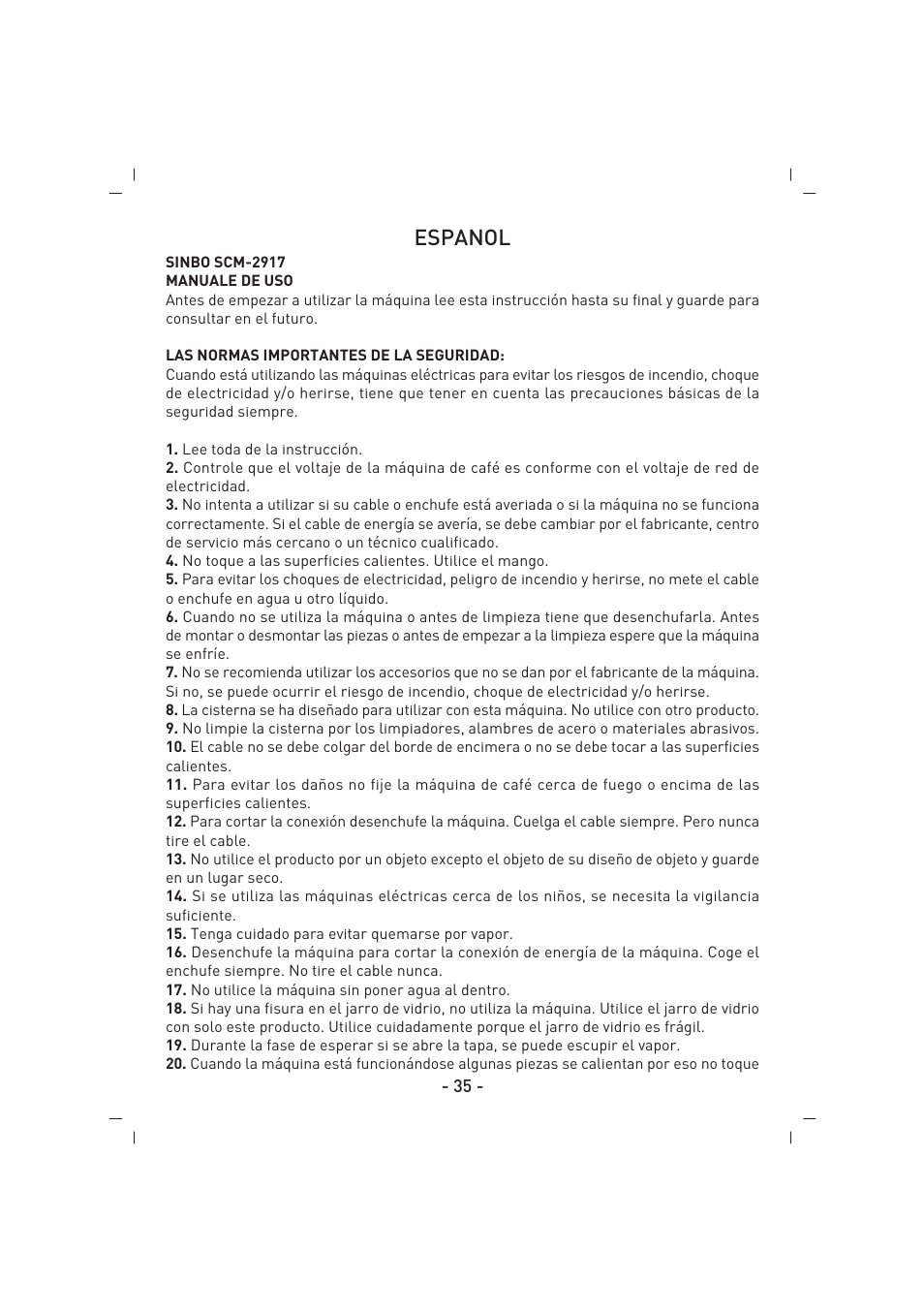 Espanol | SINBO SCM 2917 User Manual | Page 36 / 51