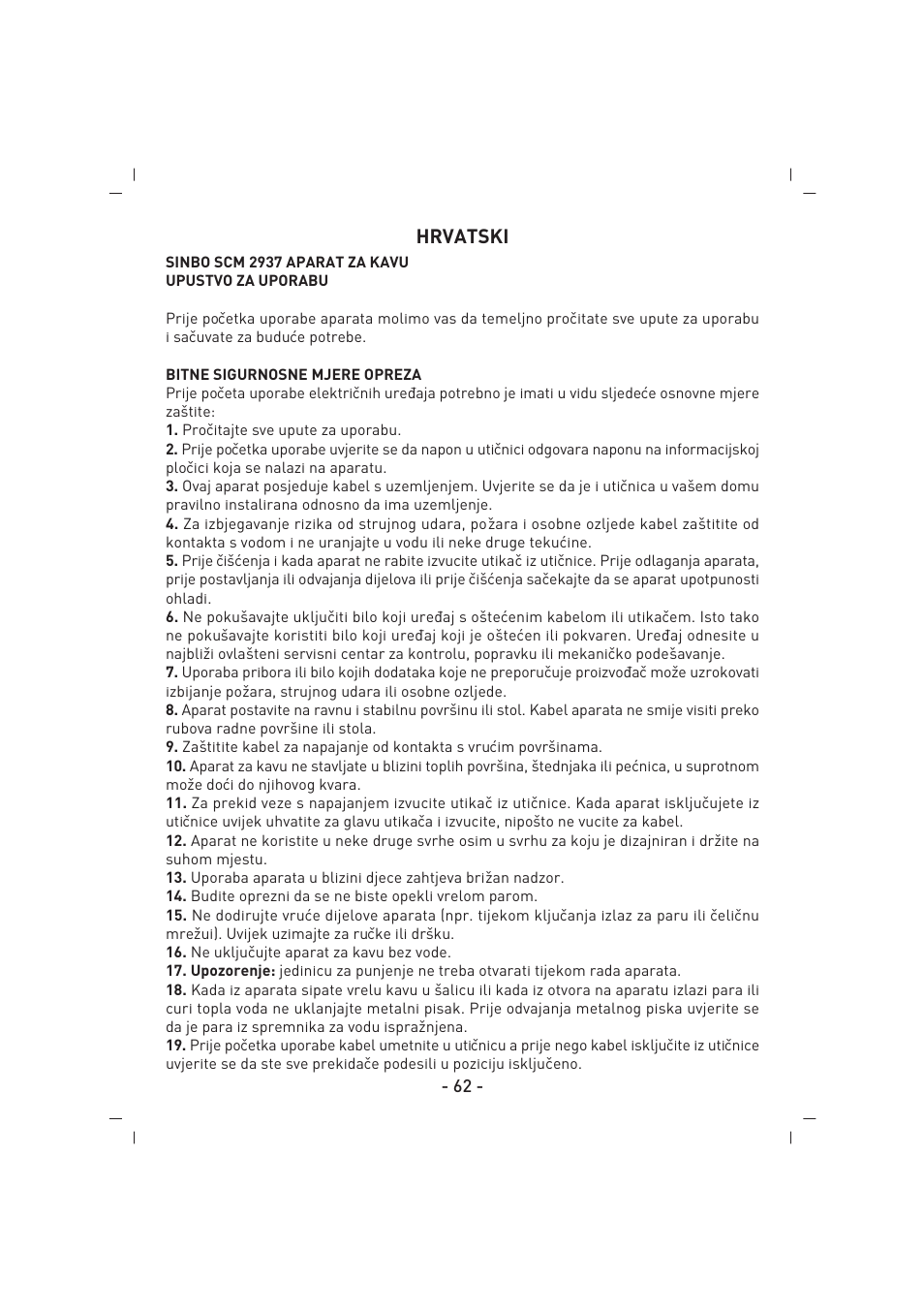 Hrvatski | SINBO SCM 2937 User Manual | Page 63 / 76