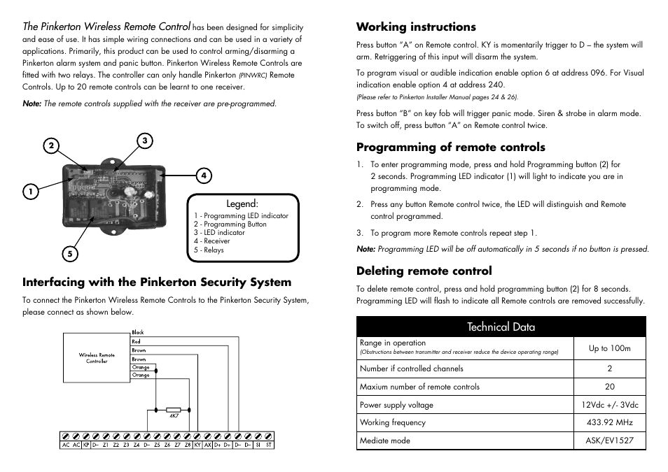 Interfacing with the pinkerton security system, Working instructions, Programming of remote controls | Deleting remote control, Technical data | PSA PINWRCK User Manual | Page 2 / 2