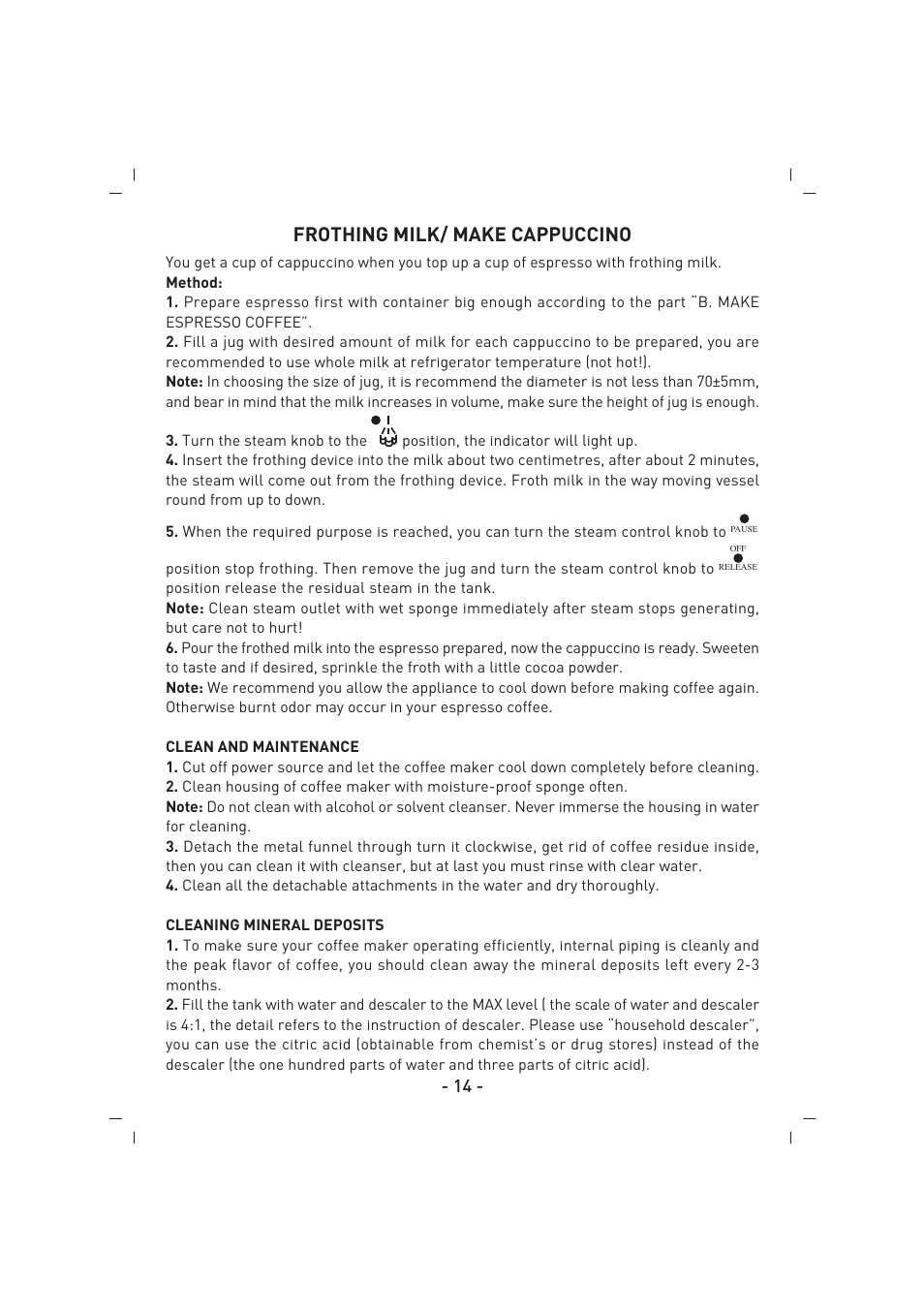 Frothing milk/ make cappuccino | SINBO SCM 2625 User Manual | Page 15 / 64