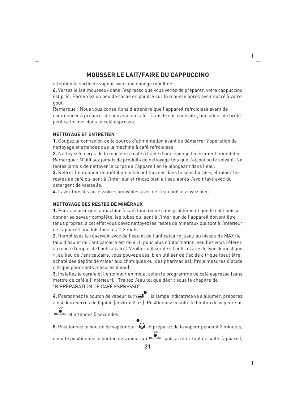 Mousser le lait/faire du cappuccino | SINBO SCM 2625 User Manual | Page 22 / 64