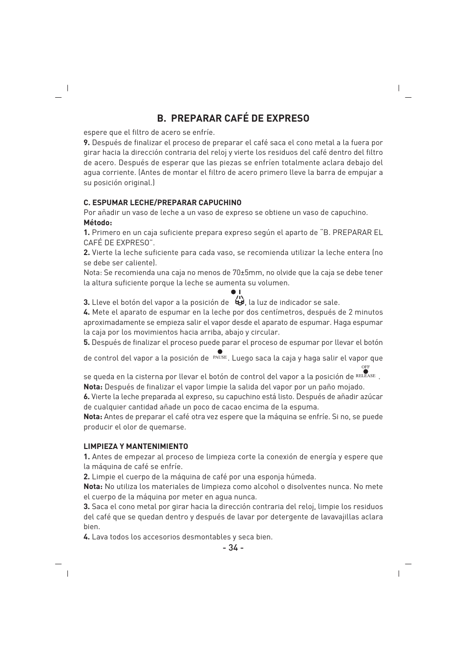 B. preparar café de expreso | SINBO SCM 2625 User Manual | Page 35 / 64