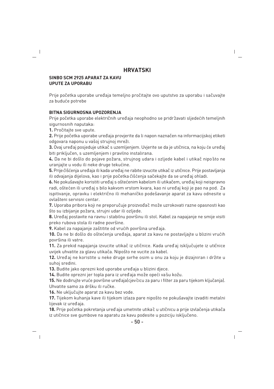 Hrvatski | SINBO SCM 2625 User Manual | Page 51 / 64