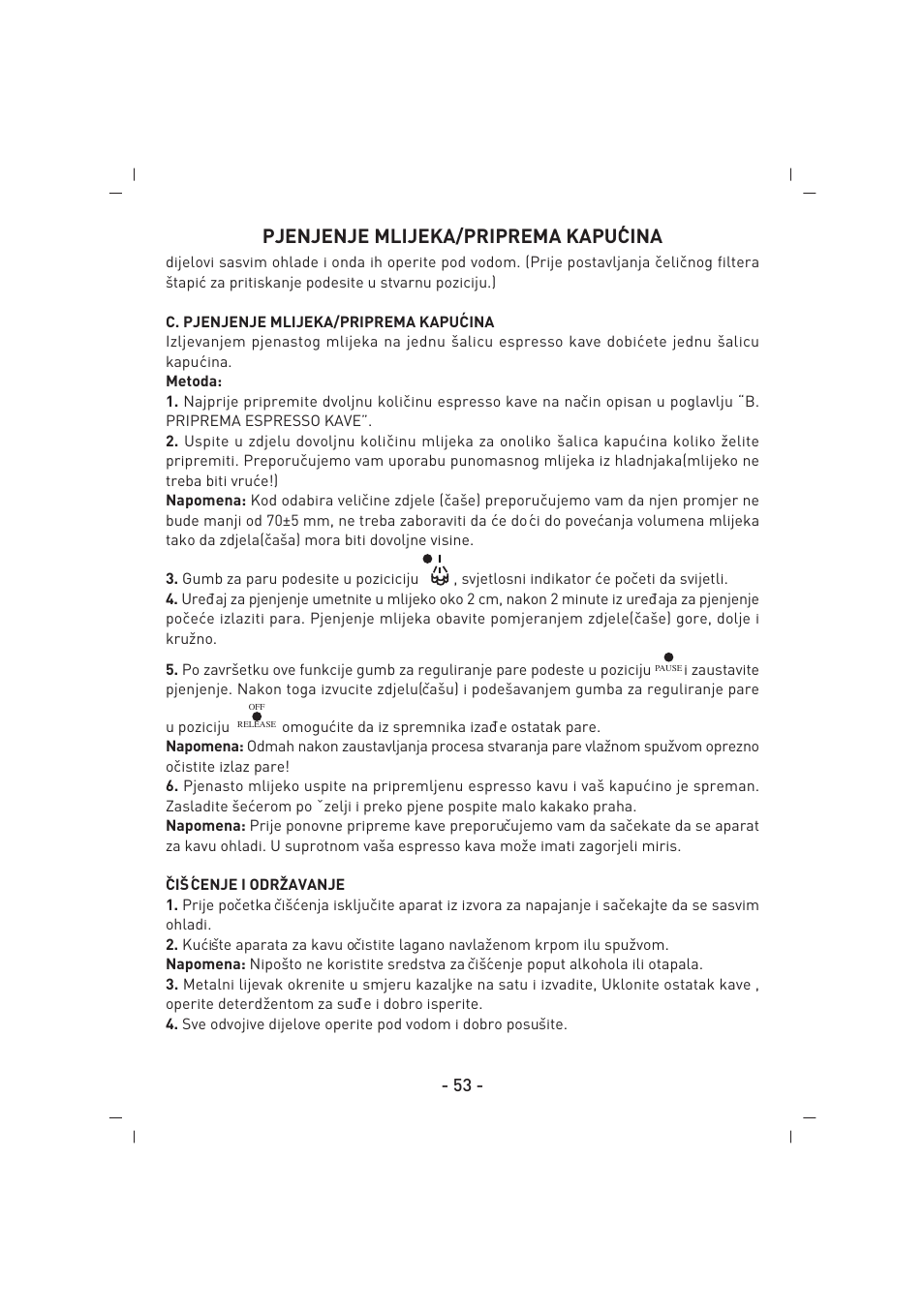 Pjenjenje mlijeka/priprema kapu´cina | SINBO SCM 2625 User Manual | Page 54 / 64