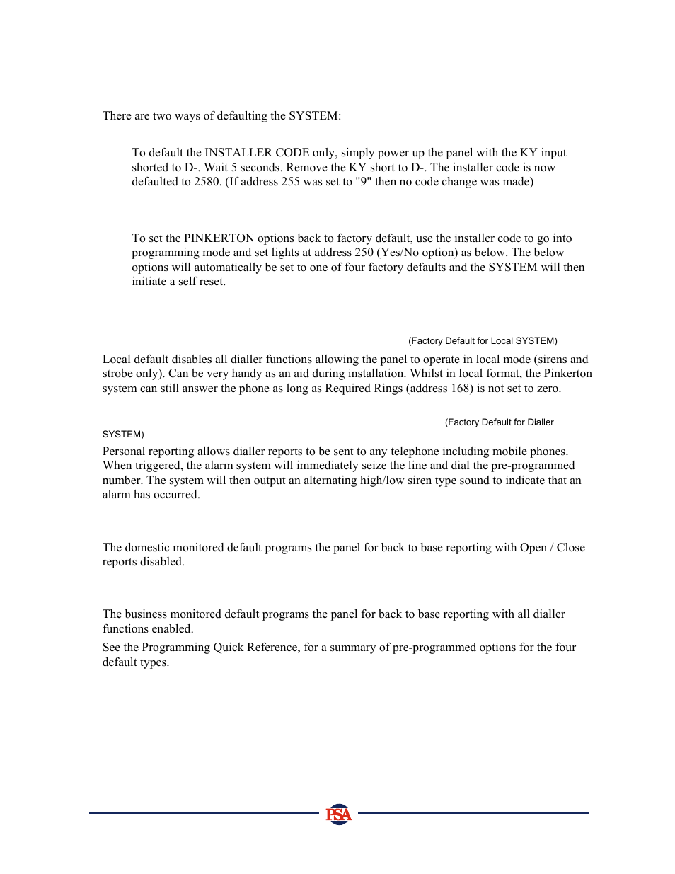 Pinkerton, Factory default options | PSA PIN388D/PIN388L Installer Manual User Manual | Page 7 / 39