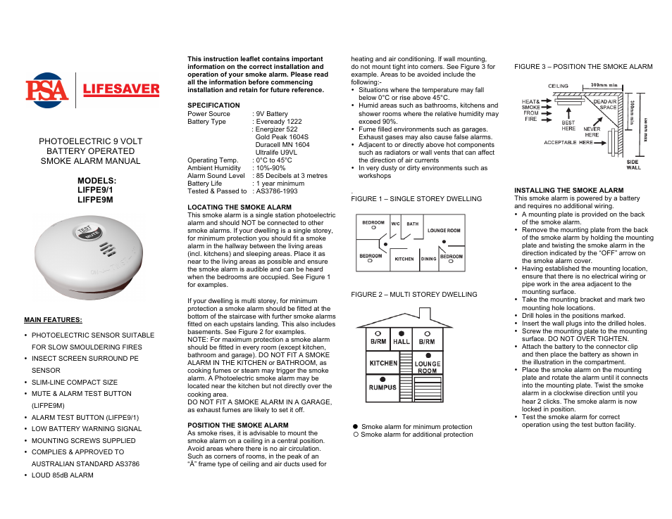 PSA LIFPE9/1 User Manual | 2 pages