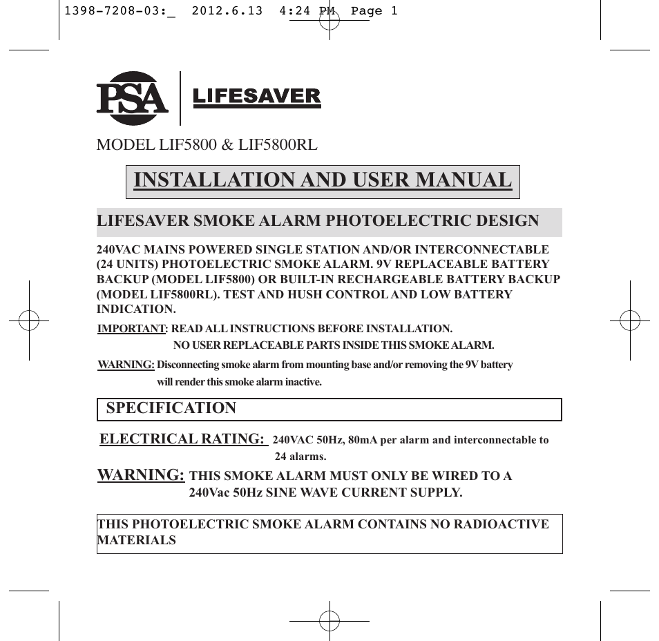 PSA LIF5800RL User Manual | 29 pages