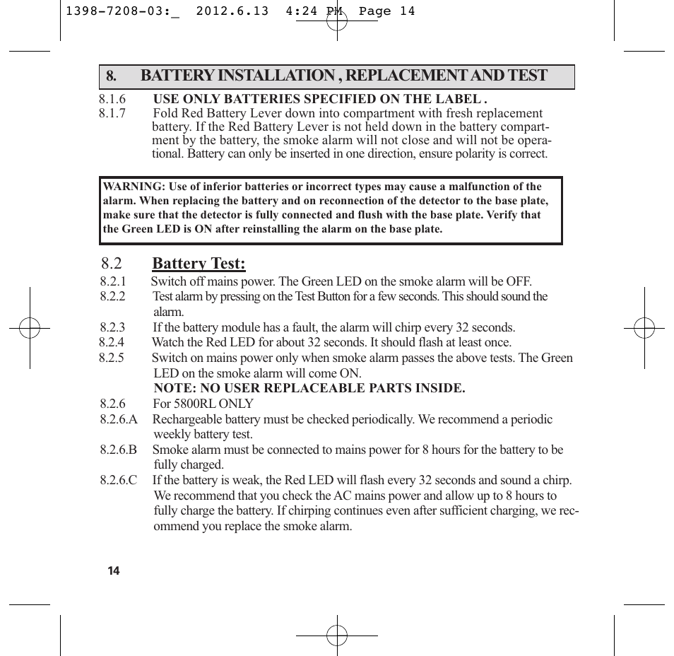 Battery installation , replacement and test, 2 battery test | PSA LIF5800RL User Manual | Page 16 / 29