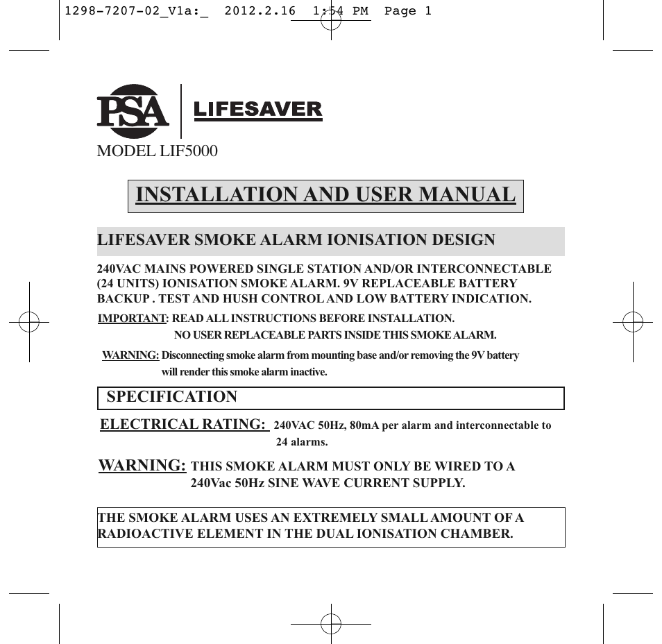 PSA LIF5000 User Manual | 29 pages