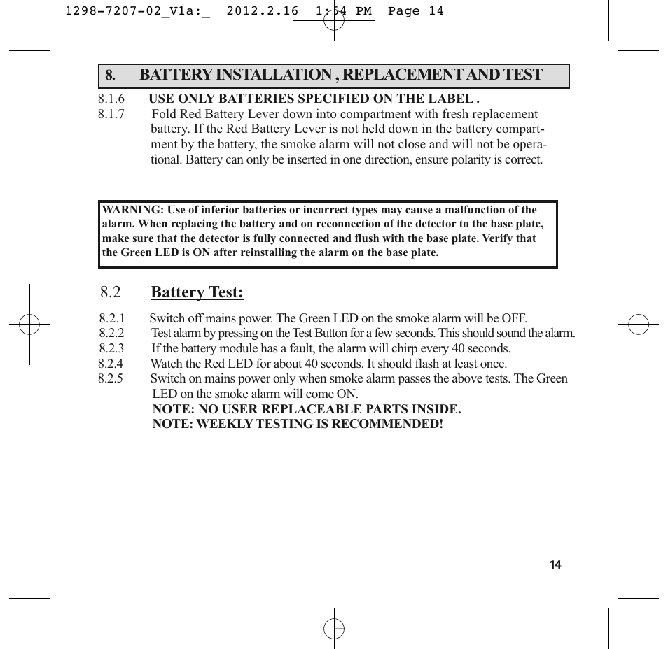 Battery installation , replacement and test, 2 battery test | PSA LIF5000 User Manual | Page 16 / 29