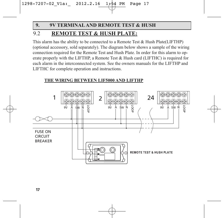 2 remote test & hush plate, 9v terminal and remote test & hush | PSA LIF5000 User Manual | Page 19 / 29