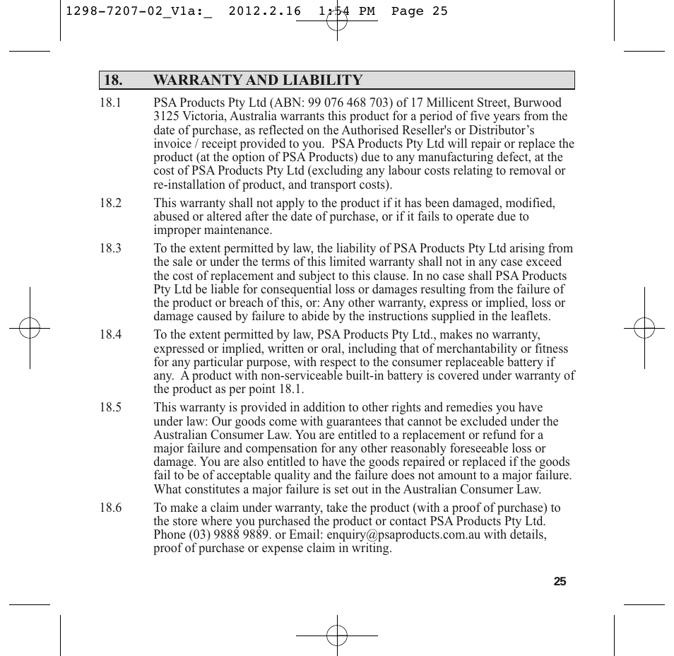 PSA LIF5000 User Manual | Page 27 / 29