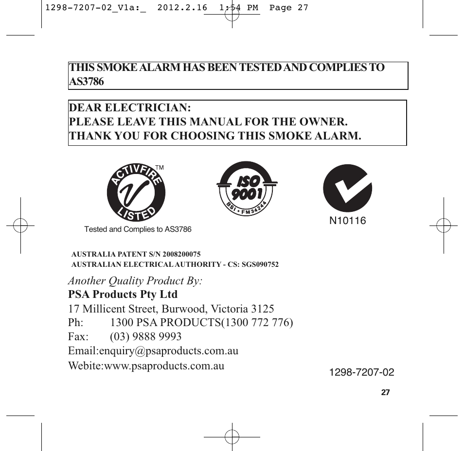 PSA LIF5000 User Manual | Page 29 / 29