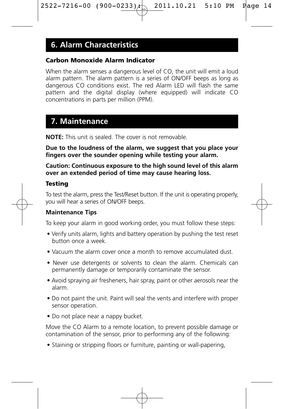 Maintenance, Alarm characteristics | PSA LIFCO9 User Manual | Page 14 / 16