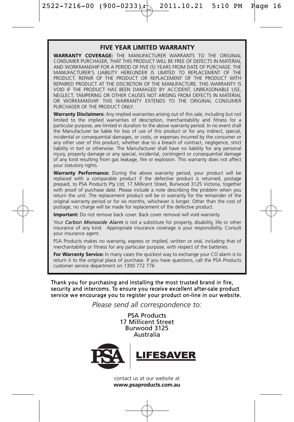 Please send all correspondence to | PSA LIFCO9 User Manual | Page 16 / 16