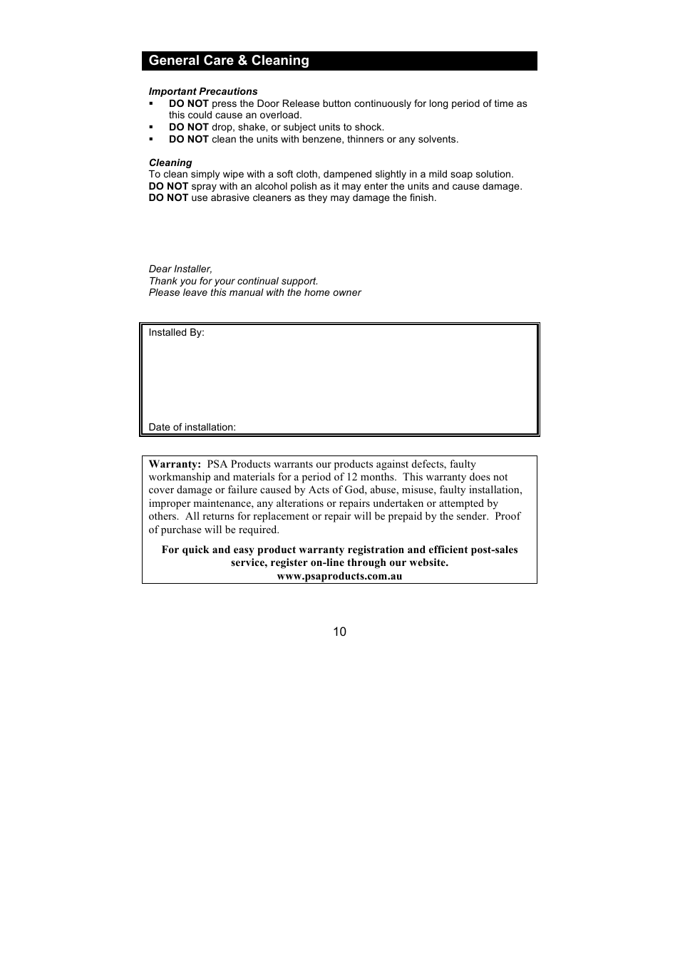 General care & cleaning | PSA PANQ916K, Q916K/SP User Manual | Page 10 / 12