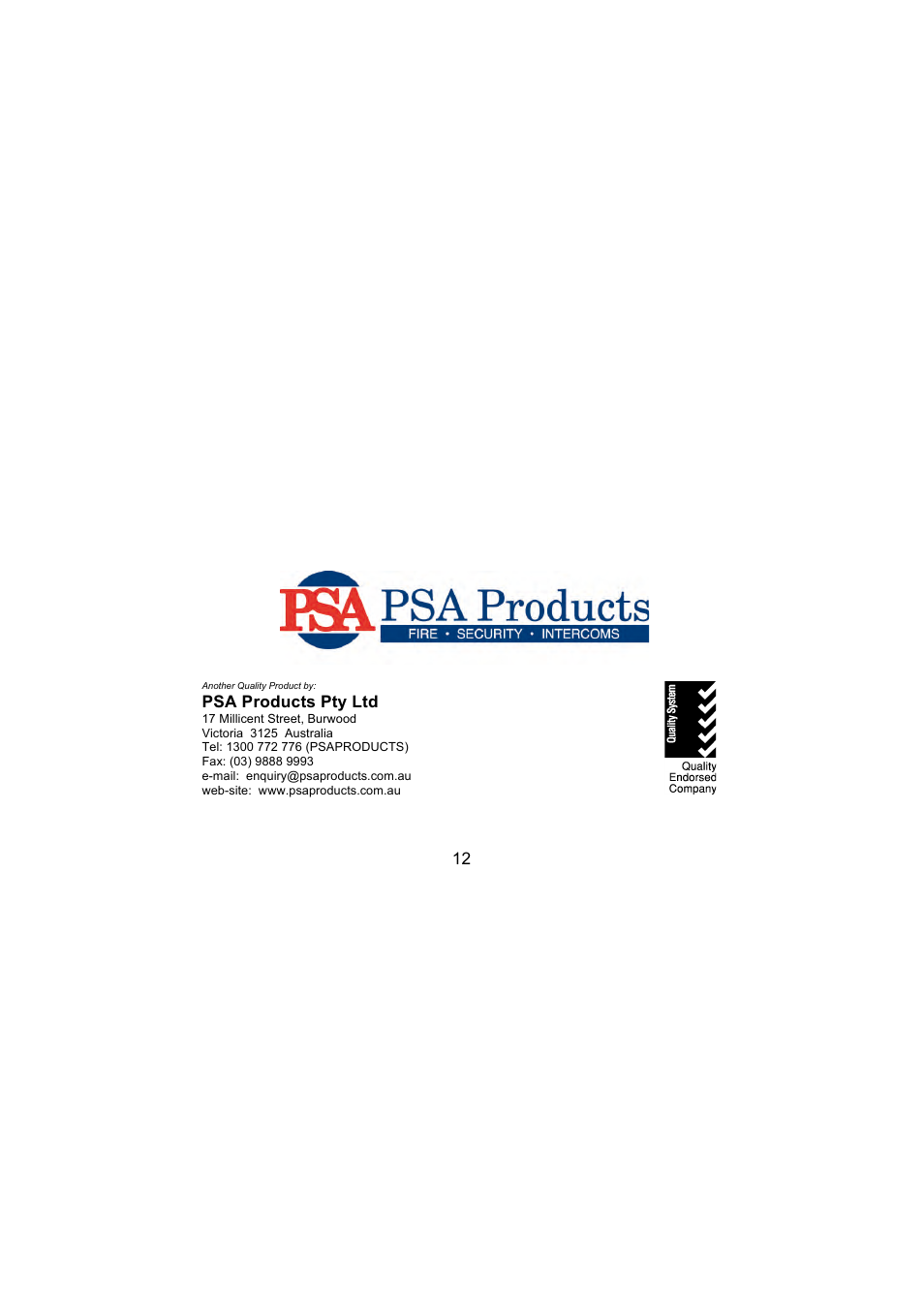 Psa products pty ltd | PSA PANQ916K, Q916K/SP User Manual | Page 12 / 12