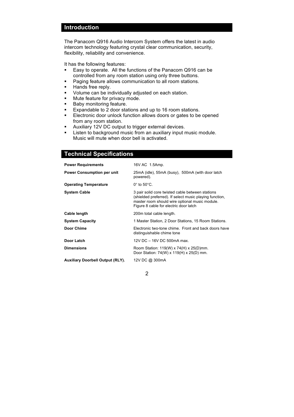 Introduction, Technical specifications | PSA PANQ916K, Q916K/SP User Manual | Page 2 / 12