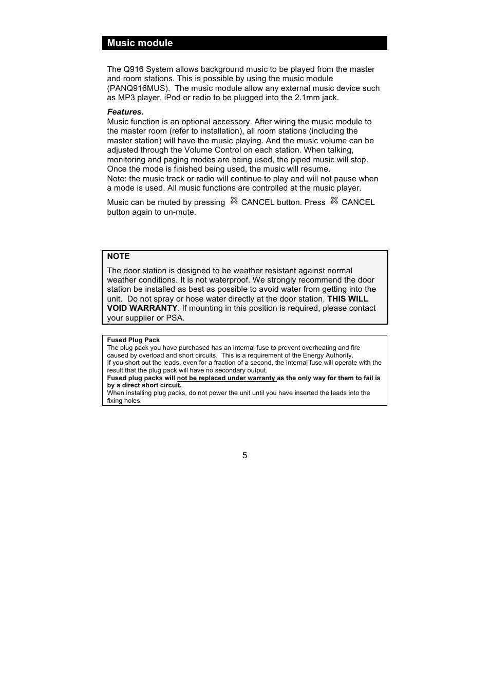 Music module | PSA PANQ916K, Q916K/SP User Manual | Page 5 / 12