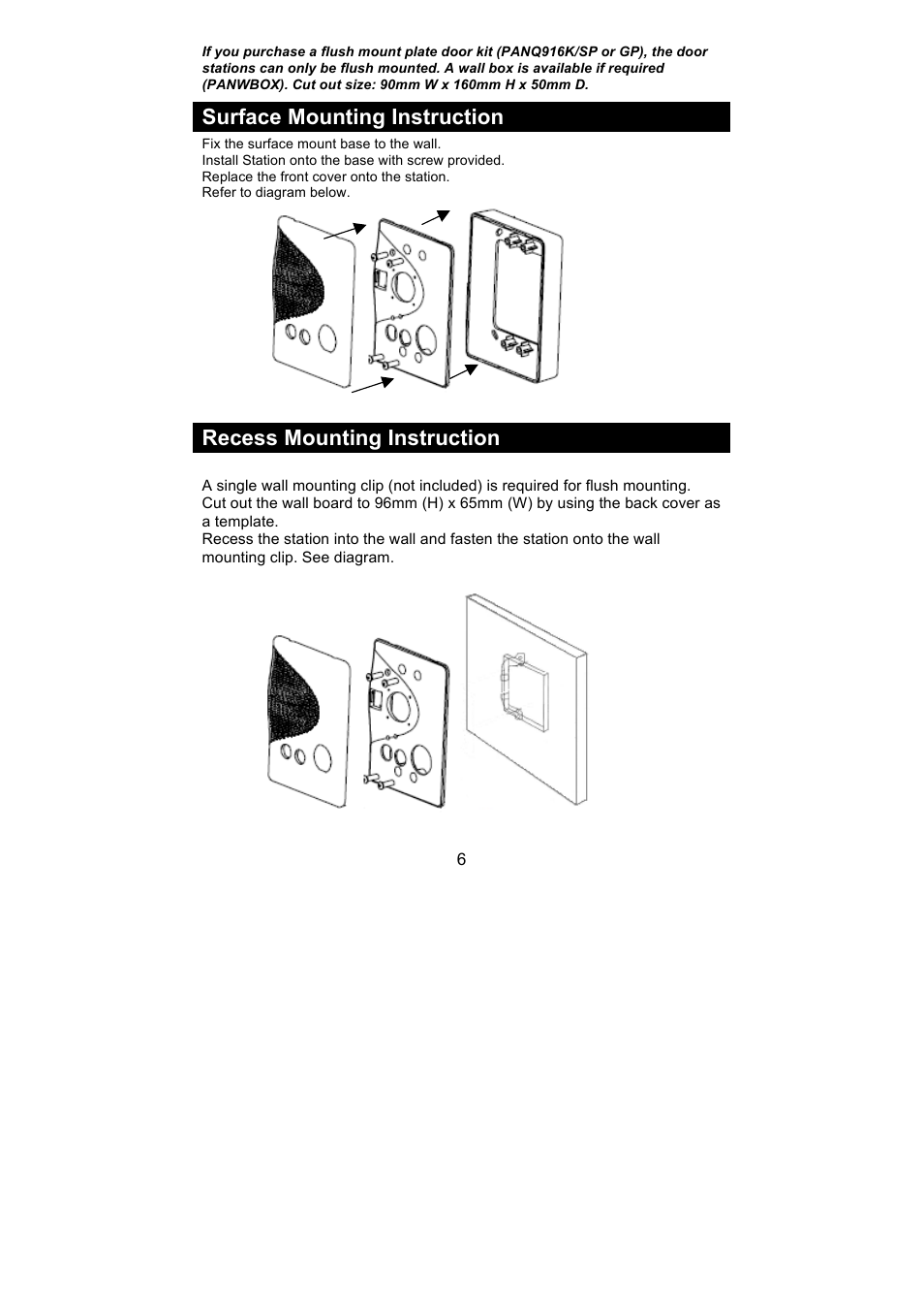 Surface mounting instruction, Recess mounting instruction | PSA PANQ916K, Q916K/SP User Manual | Page 6 / 12