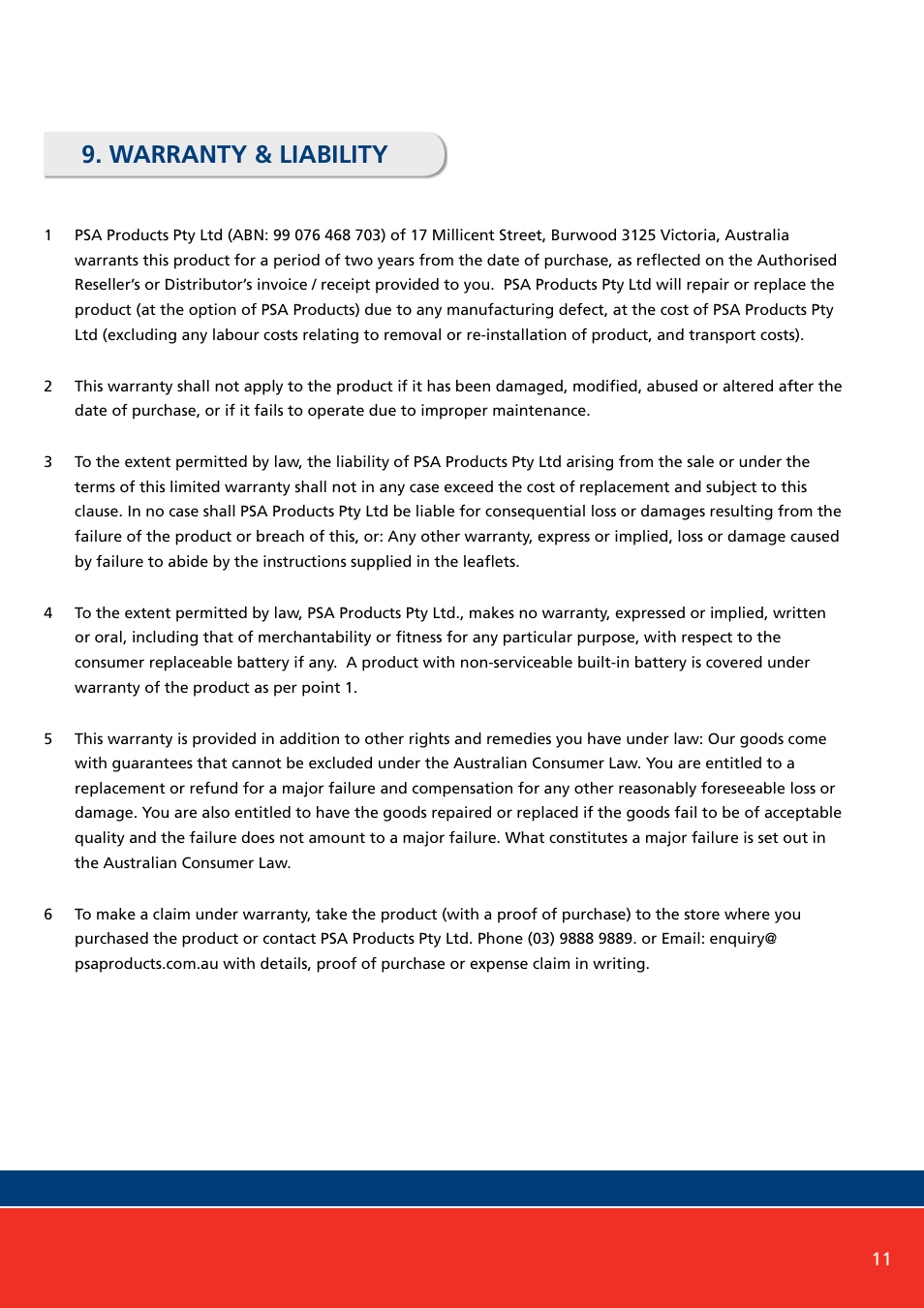 Warranty & liability | PSA PAN780FK User Manual | Page 12 / 14